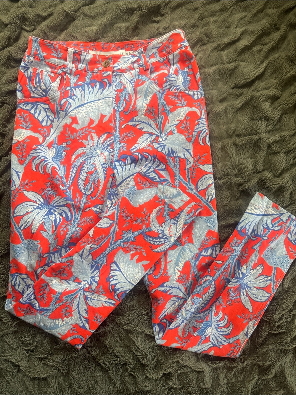 Gretchen Scott Orange Pants with Blue Leaf Print